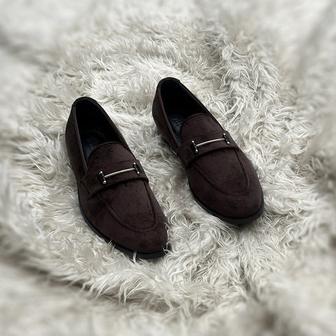 Carlyle | Chocolate - Horse-bit loafer made from fine nab velvet. Solid metal accessory on the facing
