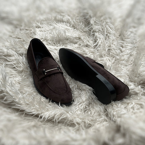 Carlyle | Chocolate - Horse-bit loafer made from fine nab velvet. Solid metal accessory on the facing