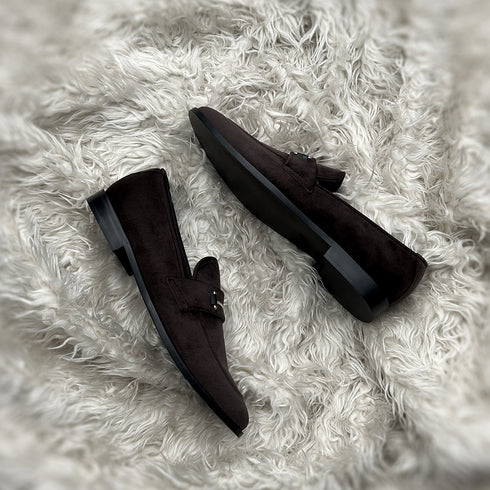 Carlyle | Chocolate - Horse-bit loafer made from fine nab velvet. Solid metal accessory on the facing