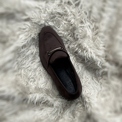 Carlyle | Chocolate - Horse-bit loafer made from fine nab velvet. Solid metal accessory on the facing
