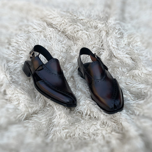 Cetin - Peshawari Chappal with brogue detailing. Made from very soft Calf leather. Finished in the very beautiful Dark Cedar patina
