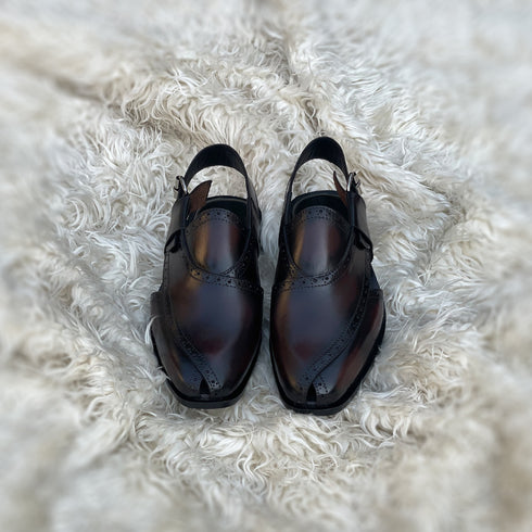 Cetin - Peshawari Chappal with brogue detailing. Made from very soft Calf leather. Finished in the very beautiful Dark Cedar patina