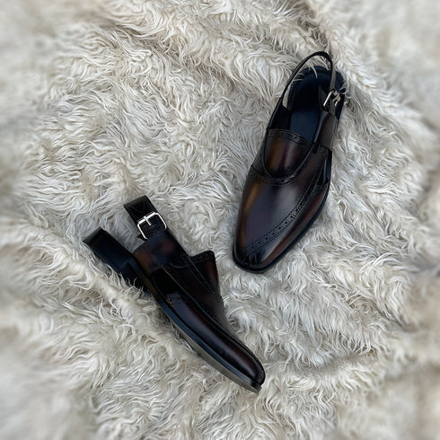 Cetin - Peshawari Chappal with brogue detailing. Made from very soft Calf leather. Finished in the very beautiful Dark Cedar patina