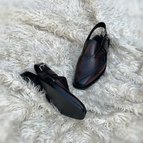 Cetin - Peshawari Chappal with brogue detailing. Made from very soft Calf leather. Finished in the very beautiful Dark Cedar patina