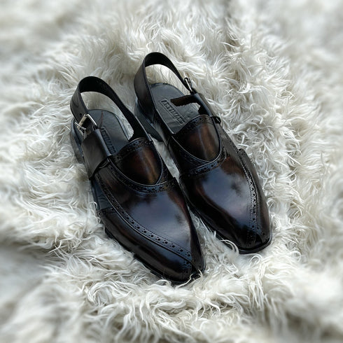 Cetin - Peshawari Chappal with brogue detailing. Made from very soft Calf leather. Finished in the very beautiful Dark Cedar patina