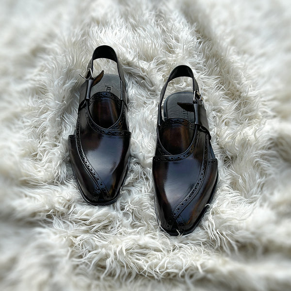 Cetin - Peshawari Chappal with brogue detailing. Made from very soft Calf leather. Finished in the very beautiful Dark Cedar patina