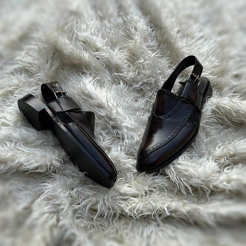 Cetin - Peshawari Chappal with brogue detailing. Made from very soft Calf leather. Finished in the very beautiful Dark Cedar patina