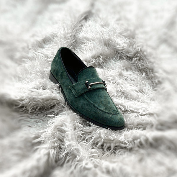 Carlyle | Green - Horse-bit loafer made from finest velveteen fabric suede. Solid metal accessory on the facing