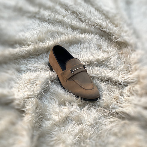 Carlyle - horse-bit loafer made in the finest velveteen fabric in Sand color