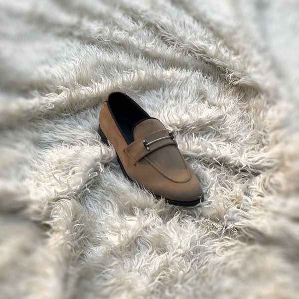 Carlyle - horse-bit loafer made in the finest velveteen fabric in Sand color
