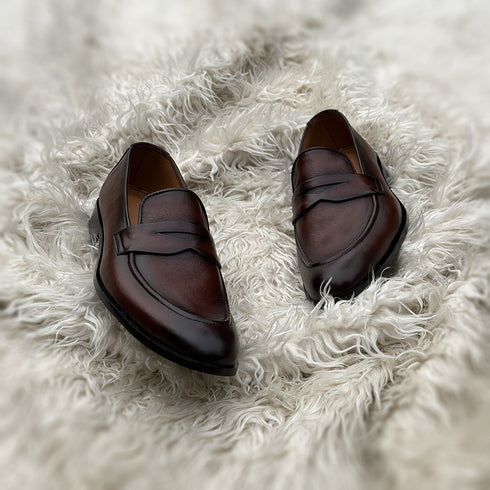 Desmond - Single component Penny loafer made from the finest Nappa calf leather. Finished in the beautiful Dark Tan patina