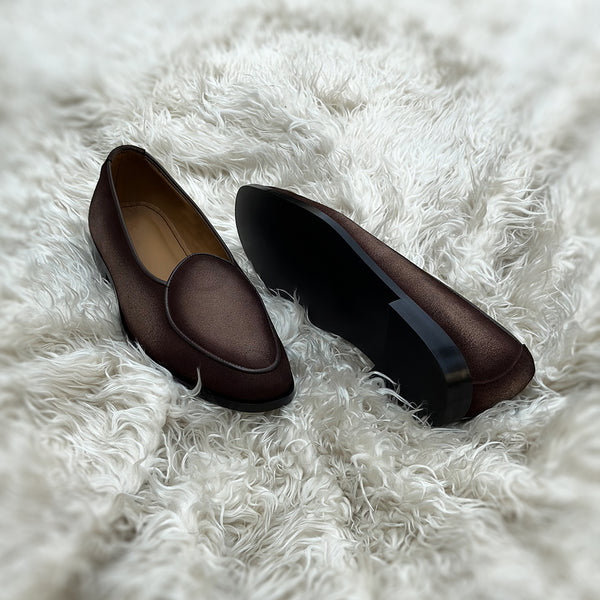 Dimitri - Belgian Loafer made from soft Suede leather with very fine nab. Finished in the beautiful Cedar patina, edge through-dye-ing and sealing to stand the test of time