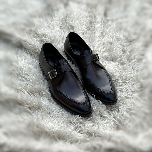 Dorian - Single Monk-strap with intricate hand-stitch detailing on the apron. Finished in the masterful Burnt Oak patina mimicking museum calf effect on the surface of the shoe.