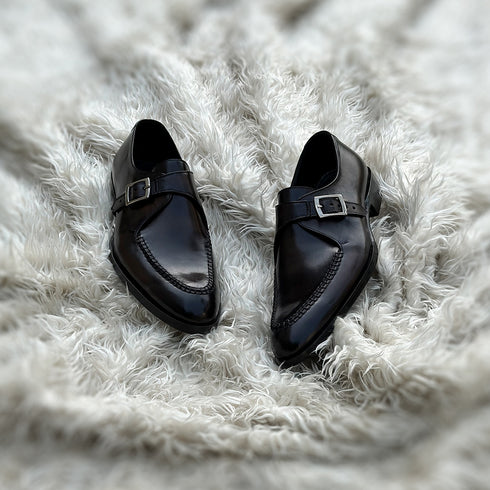 Dorian - Single Monk-strap with intricate hand-stitch detailing on the apron. Finished in the masterful Burnt Oak patina mimicking museum calf effect on the surface of the shoe.