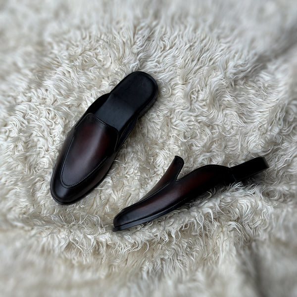 Gabe - Single component Mule with hand-stitch detailing. Made from soft calf leather. Finished in the beautiful Cinder patina