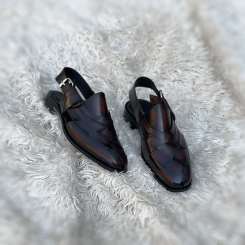 Kaan - Modern Peshawari Chappal with interweaving upper pattern. Meticulously hand-crafted from the finest Calf leather. Finished in the very beautiful Blaze patina