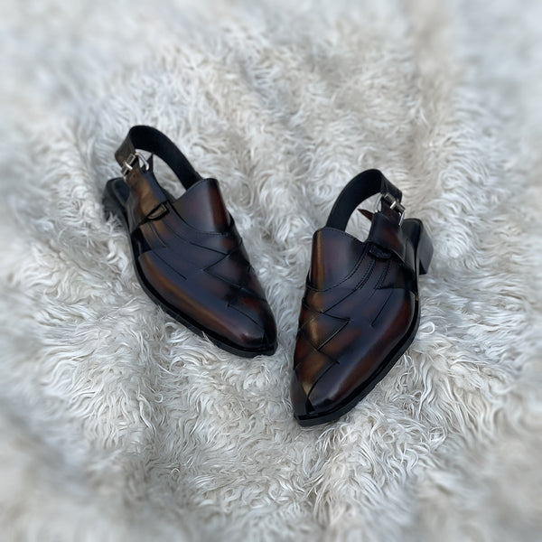 Kaan - Modern Peshawari Chappal with interweaving upper pattern. Meticulously hand-crafted from the finest Calf leather. Finished in the very beautiful Blaze patina