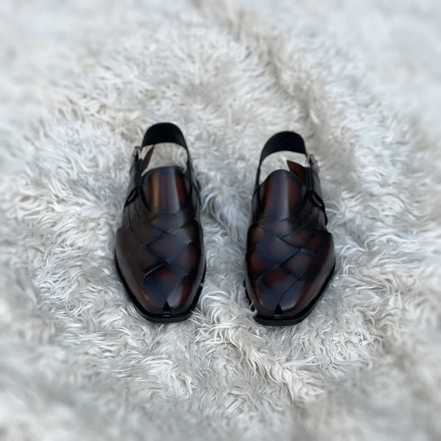 Kaan - Modern Peshawari Chappal with interweaving upper pattern. Meticulously hand-crafted from the finest Calf leather. Finished in the very beautiful Blaze patina