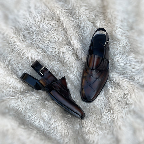 Kaan - Modern Peshawari Chappal with interweaving upper pattern. Meticulously hand-crafted from the finest Calf leather. Finished in the very beautiful Blaze patina