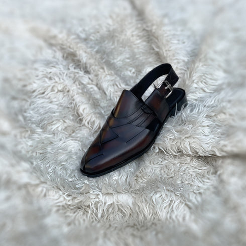 Kaan - Modern Peshawari Chappal with interweaving upper pattern. Meticulously hand-crafted from the finest Calf leather. Finished in the very beautiful Blaze patina