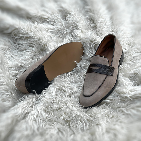 Mark - Meticulously hand-crafted Penny loafer made from the finest Suede leather. Mark features a contrasting yet complimentary pebble grain leather tie which adds visual depth to the pair.