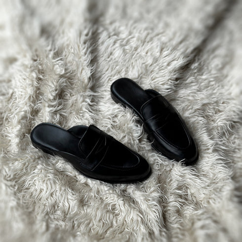 Quinton - Leather tie Mule slide made from high quality black calf leather