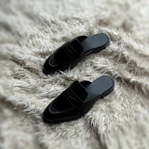 Quinton - Leather tie Mule slide made from high quality black calf leather