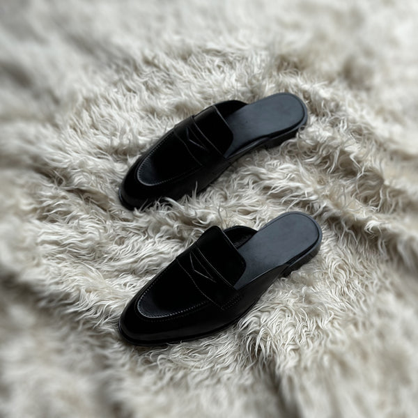 Quinton - Leather tie Mule slide made from high quality black calf leather