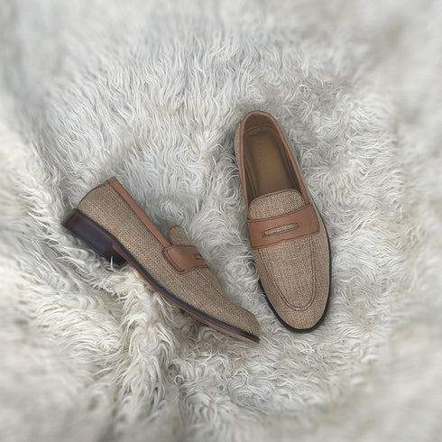 Suarez - Buttermilk: Penny loafer made from the finest breathable fabric Jute. Supplemented with calf leather detailing and a buttery soft inner cow leather lining.