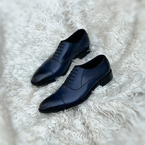 Tyler - Cap Toe Oxford made from soft blue calf leather with edge burnishing