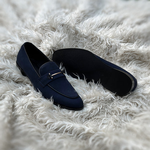 Carlyle | Midnight Blue - Horse-bit penny loafer with sleek metal accessory. Handcrafted from the finest fabric suede