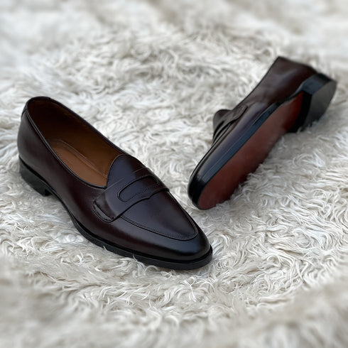 Dawson - Belgian Penny loafer in Hickory patina with toe burnished finish - Front view