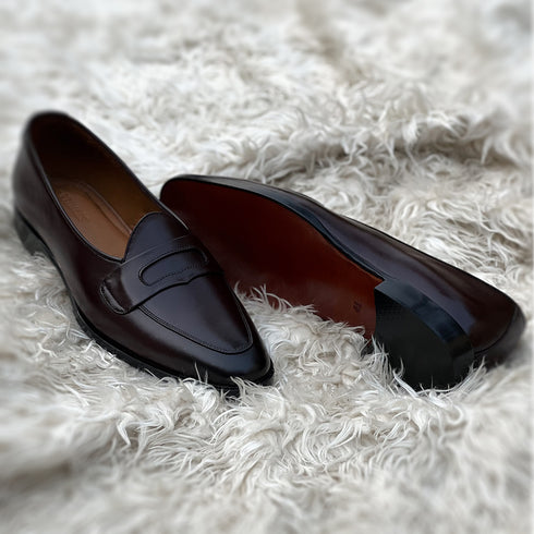Dawson - Belgian Penny loafer in Hickory patina with toe burnished finish - Top and Sole view