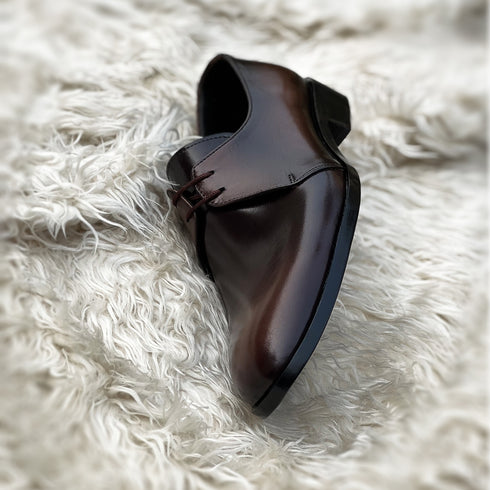 Edward - 2 Eyelet derby made from Soft Calf leather in Mocca reverse patina. Side view