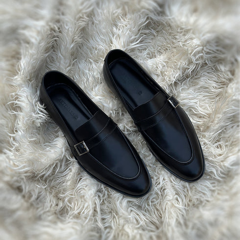 Lars - Single strap Loafer with hand-stitch detailing. Made from the finest Black calf leather, soft inner lining and durable rubber sole