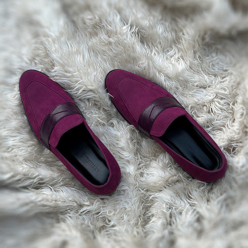 Mark - Penny loafer made from the finest fabric suede with pebble grain leather tie on the facing