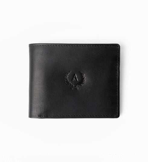 Milton - Leather wallet with flip ID slot. Made from soft black calf leather. Closed outside jacket view