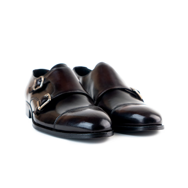 Russell Cap toe Double Monkstrap in Ebony patina front view