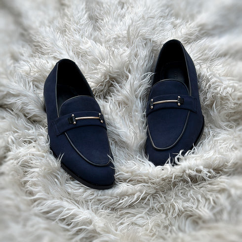 Carlyle | Midnight Blue - Horse-bit penny loafer with sleek metal accessory. Handcrafted from the finest fabric suede