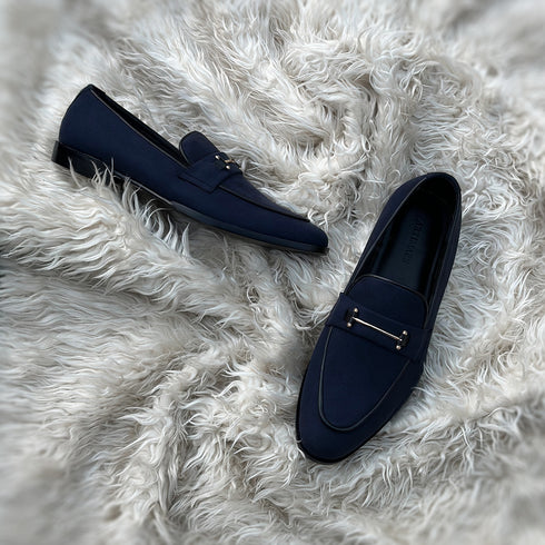 Carlyle | Midnight Blue - Horse-bit penny loafer with sleek metal accessory. Handcrafted from the finest fabric suede