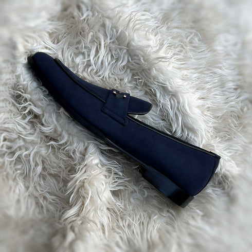 Carlyle | Midnight Blue - Horse-bit penny loafer with sleek metal accessory. Handcrafted from the finest fabric suede