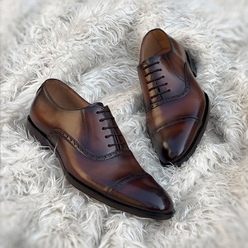 Terrance - Semi brogue cap toe Oxford, made from the finest soft Calf leather. Finished in the very beautiful Nutmeg patina